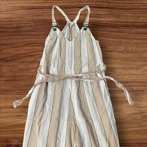 Billabong Striped‎ Jumpsuit Wide Leg Crop Tan Cream V Neck Overalls Womens Small